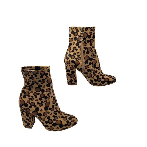 Disney X Aldo Step In Magic Leopard Chunky Heel Sock Bootie 6 Brown Mickey Boots - Picture 10 of 13